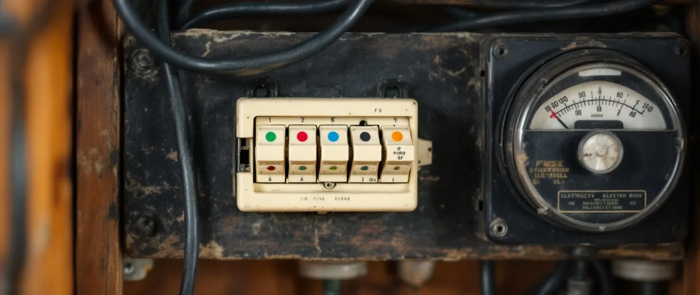 Old fuse box with rewireable fuses on a wooden board, due for replacement