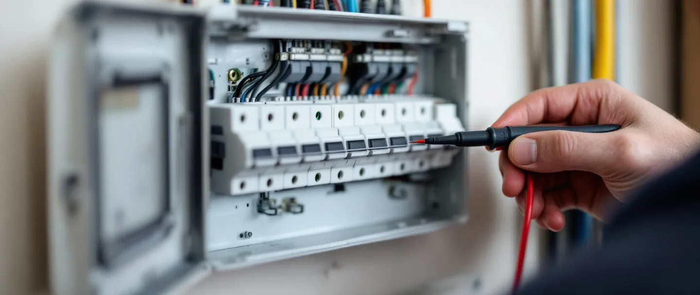Electrician testing circuits at a new consumer unit during a rewire in Flitwick